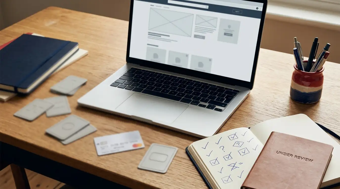 Editorial illustration of a UK-focused casino review desk with payment cards, game tiles and verification notes