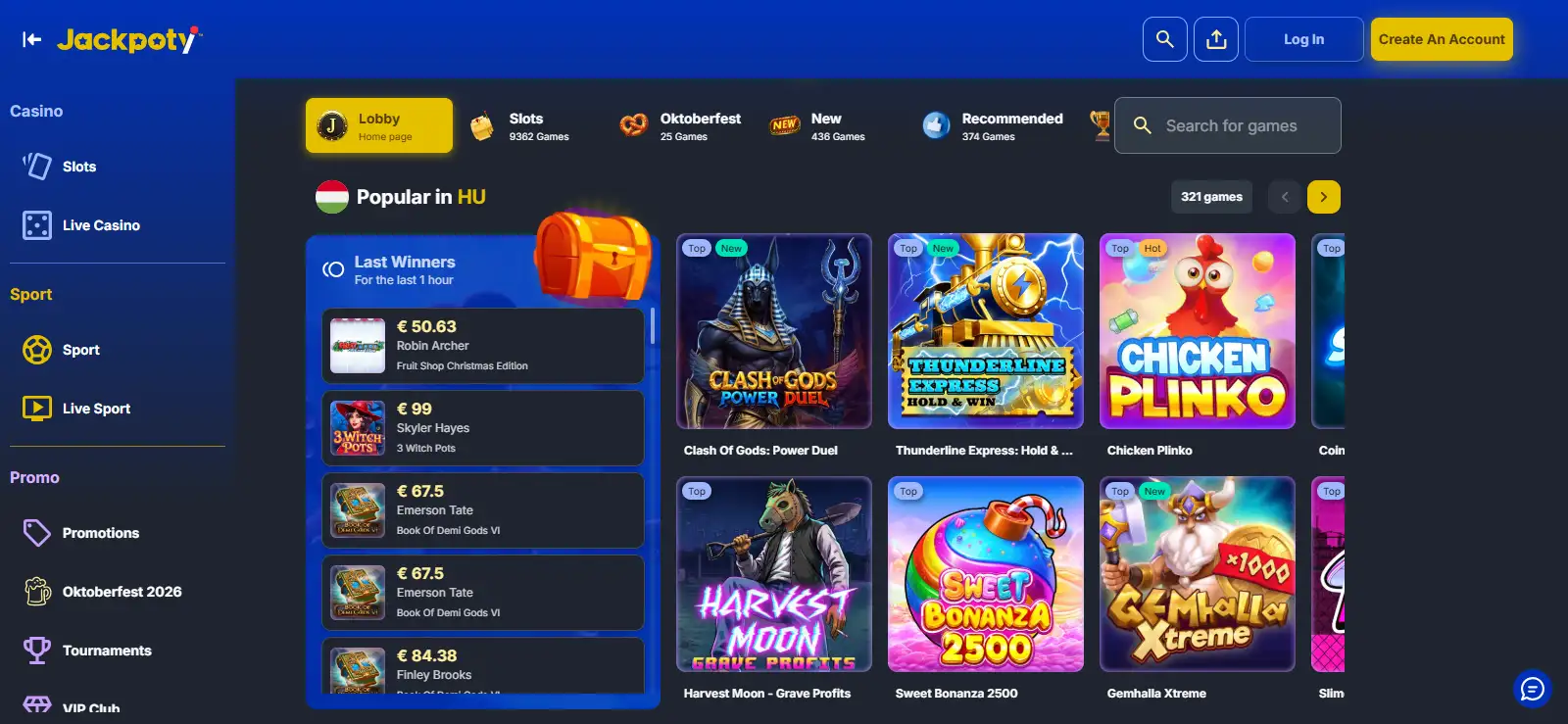 Current Jackpoty homepage interface and branding
